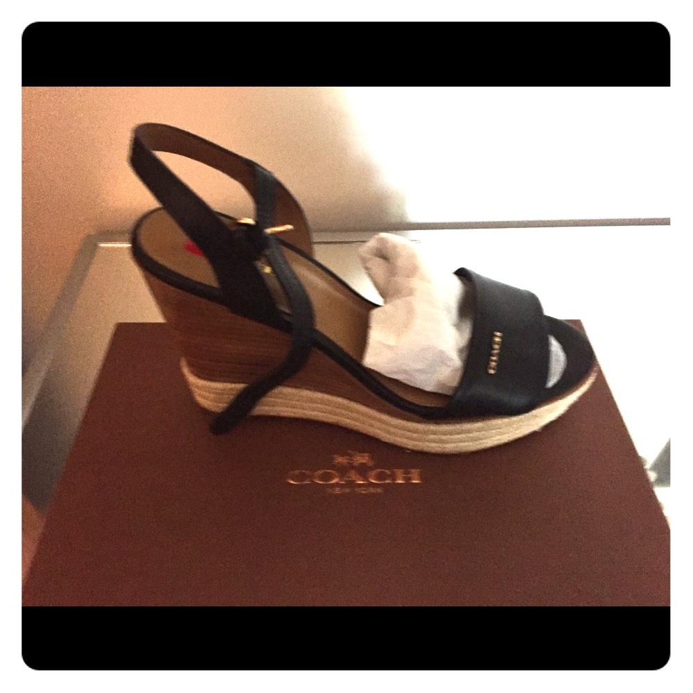 Coach new black leather espadrilles wedge sandals sorry no box
